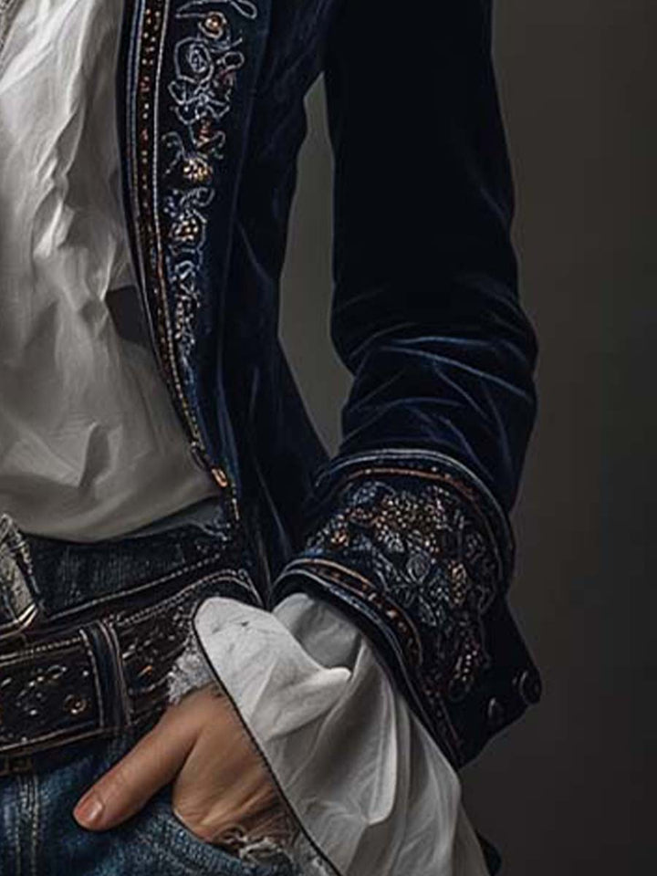 Athenaïs | Vintage Navy Blue Embroidered Long Jacket