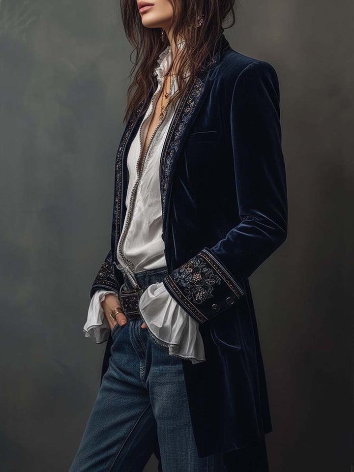 Athenaïs | Vintage Navy Blue Embroidered Long Jacket