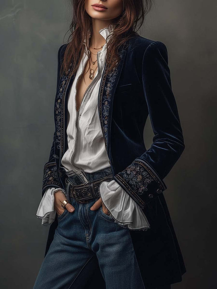 Athenaïs | Vintage Navy Blue Embroidered Long Jacket