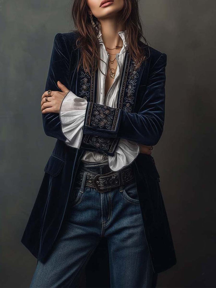 Athenaïs | Vintage Navy Blue Embroidered Long Jacket
