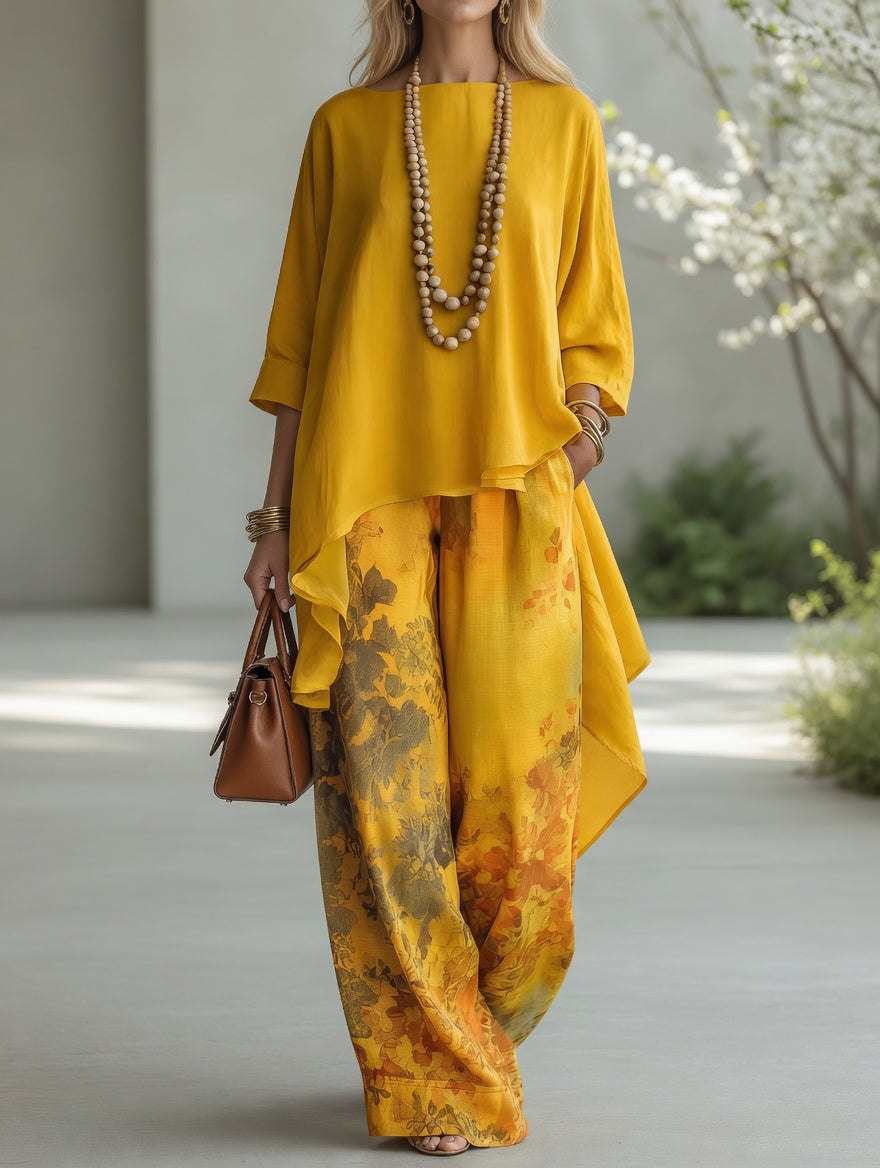 Venetia™ | Vintage Botanical High-Low Tunic & Wide-Leg Pants Set