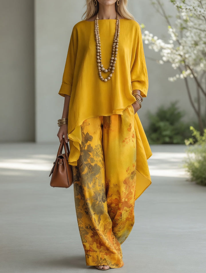 Venetia™ | Vintage Botanical High-Low Tunic & Wide-Leg Pants Set