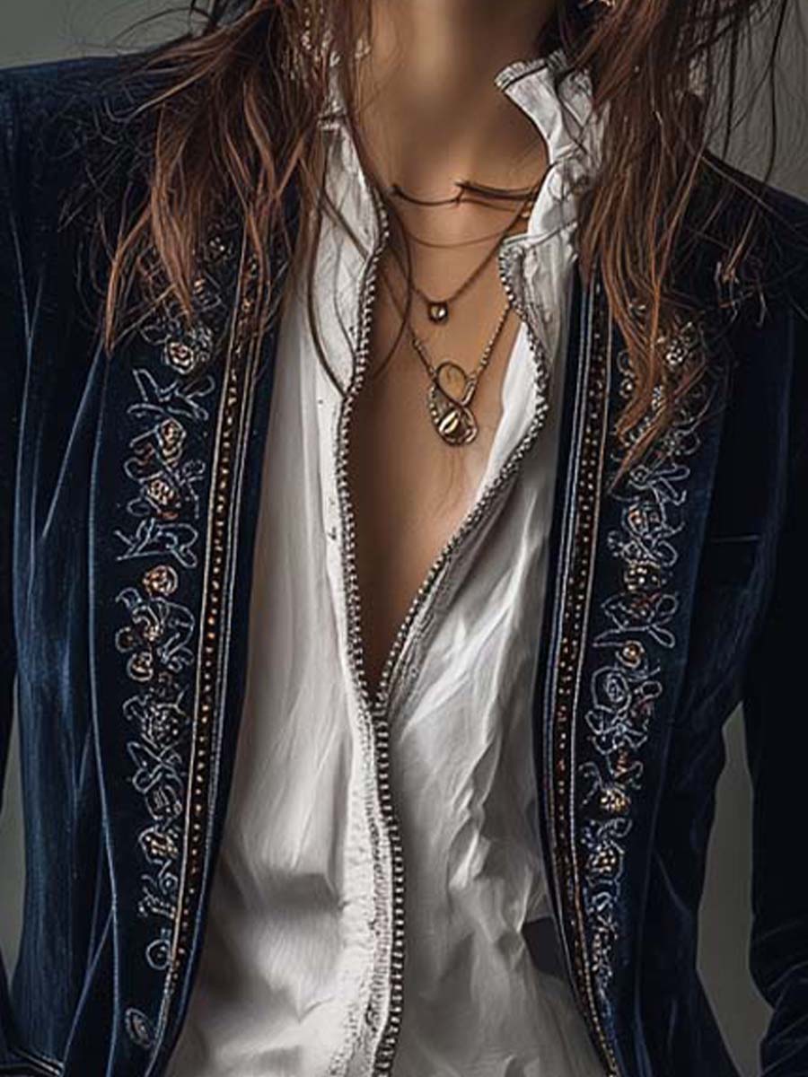 Athenaïs | Vintage Navy Blue Embroidered Long Jacket