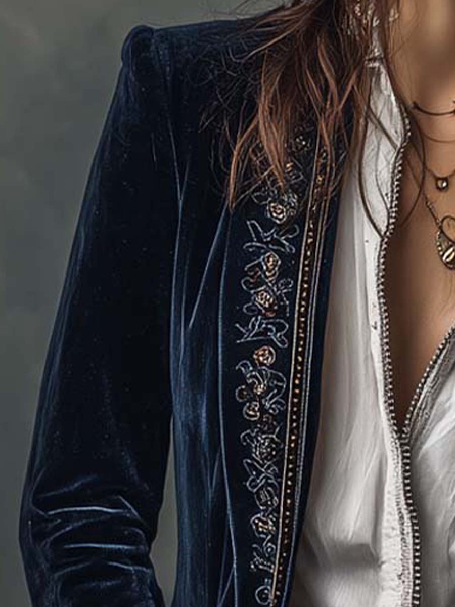 Athenaïs | Vintage Navy Blue Embroidered Long Jacket
