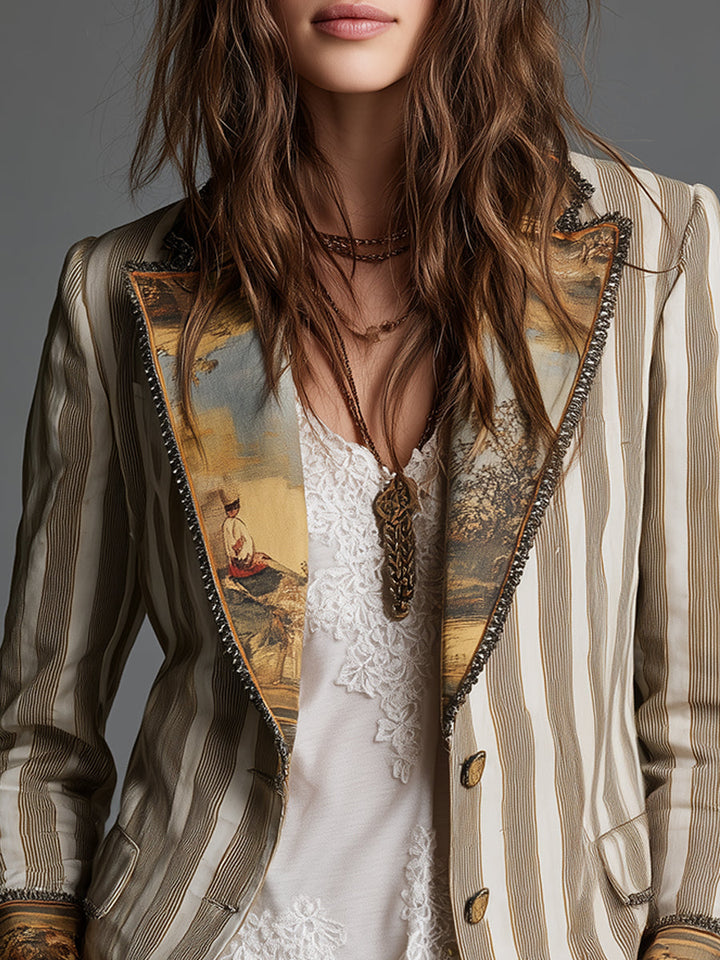 Suzanne | Striped Bohemian Blazer with Printed Collar