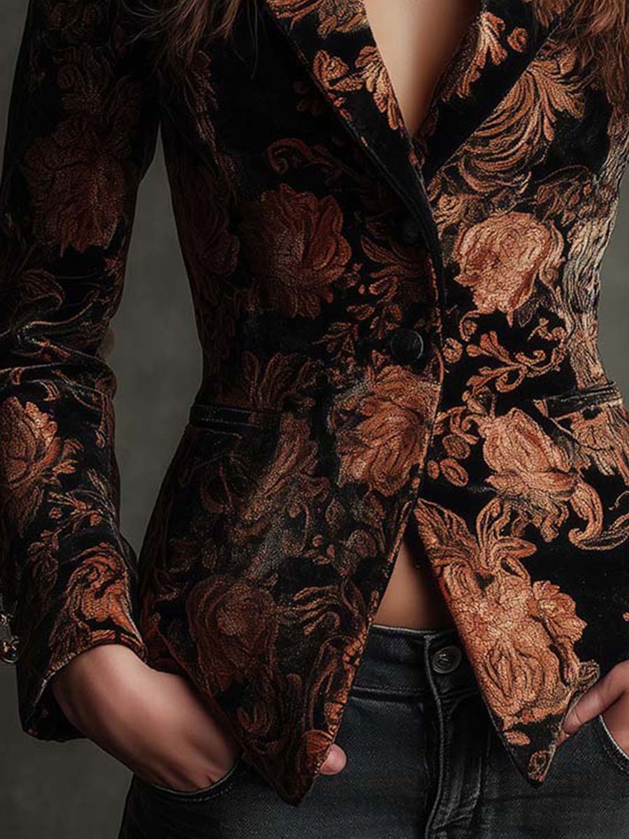 Bertille | Floral Print Black and Bronze Tailored Blazer