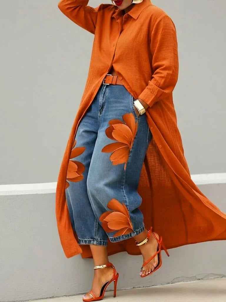 Esley | Long-Sleeve Shirt & Printed Jeans Set
