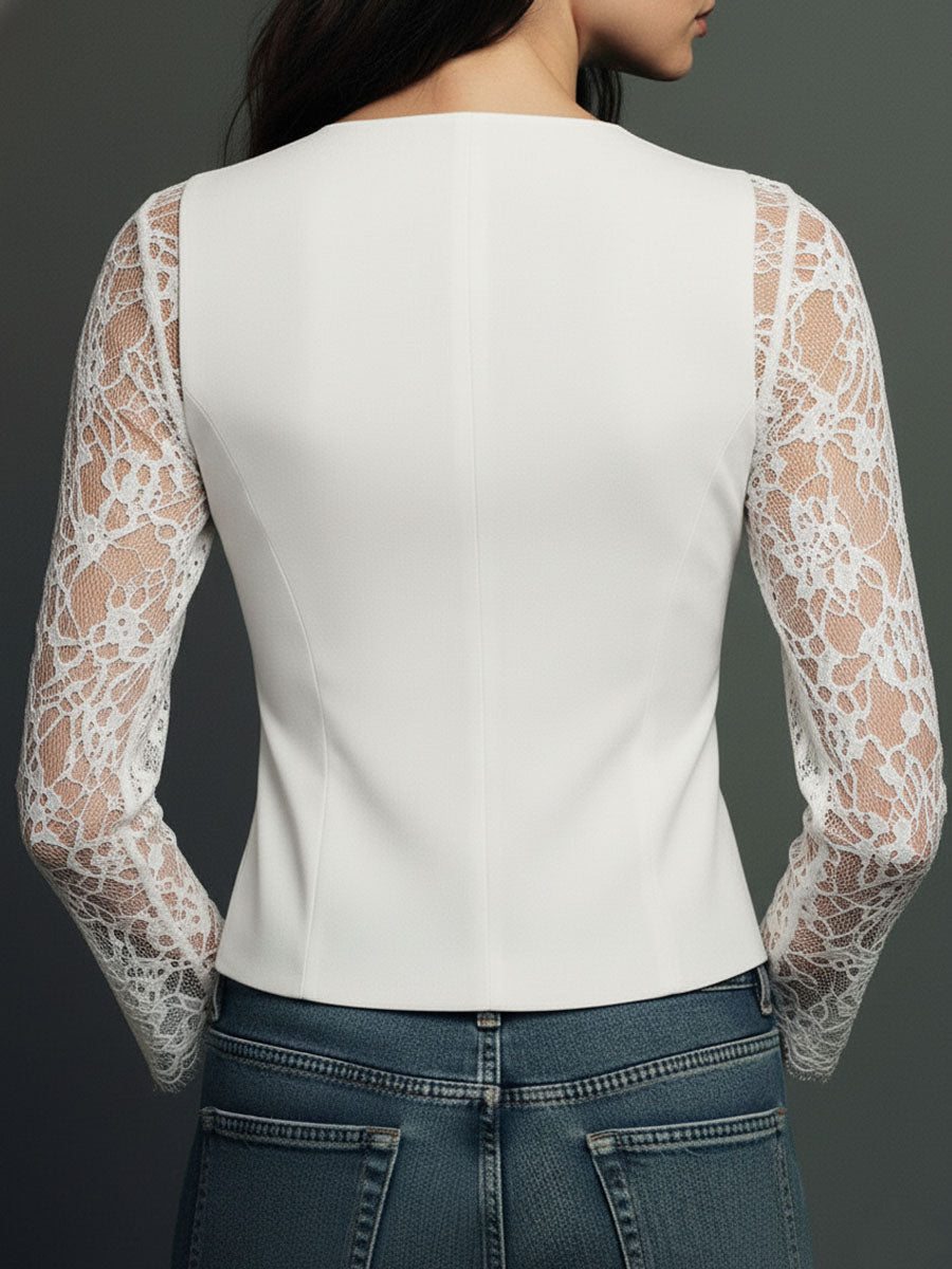 Noémie | Black Blazer Top with Semi-Transparent Sleeves