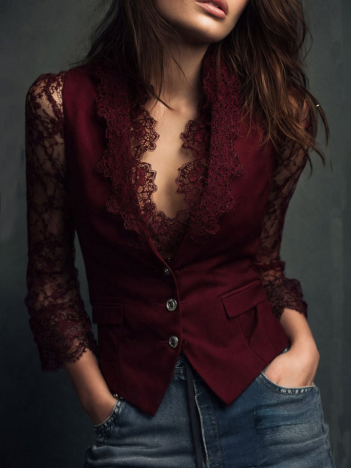 Noémie | Black Blazer Top with Semi-Transparent Sleeves