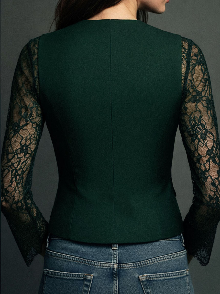 Noémie | Black Blazer Top with Semi-Transparent Sleeves