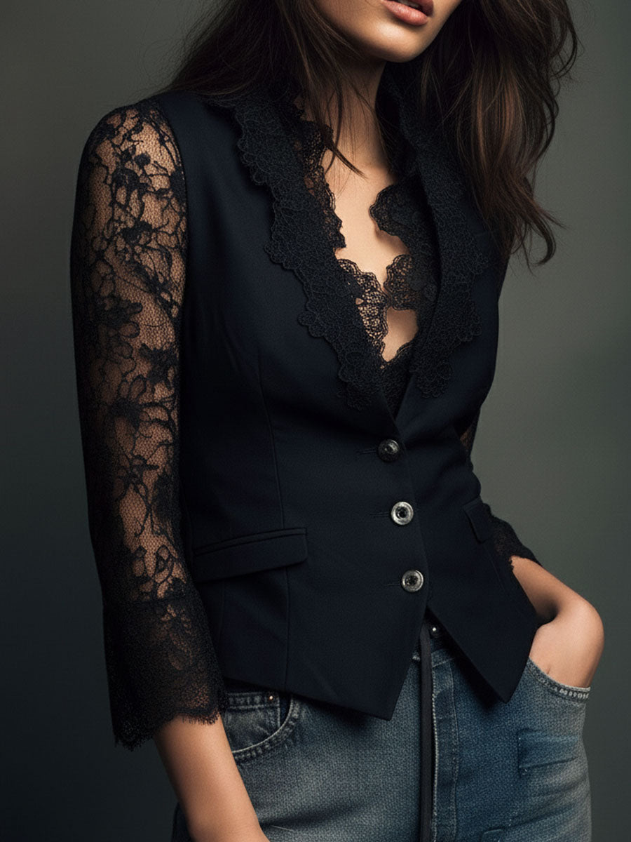 Noémie | Black Blazer Top with Semi-Transparent Sleeves