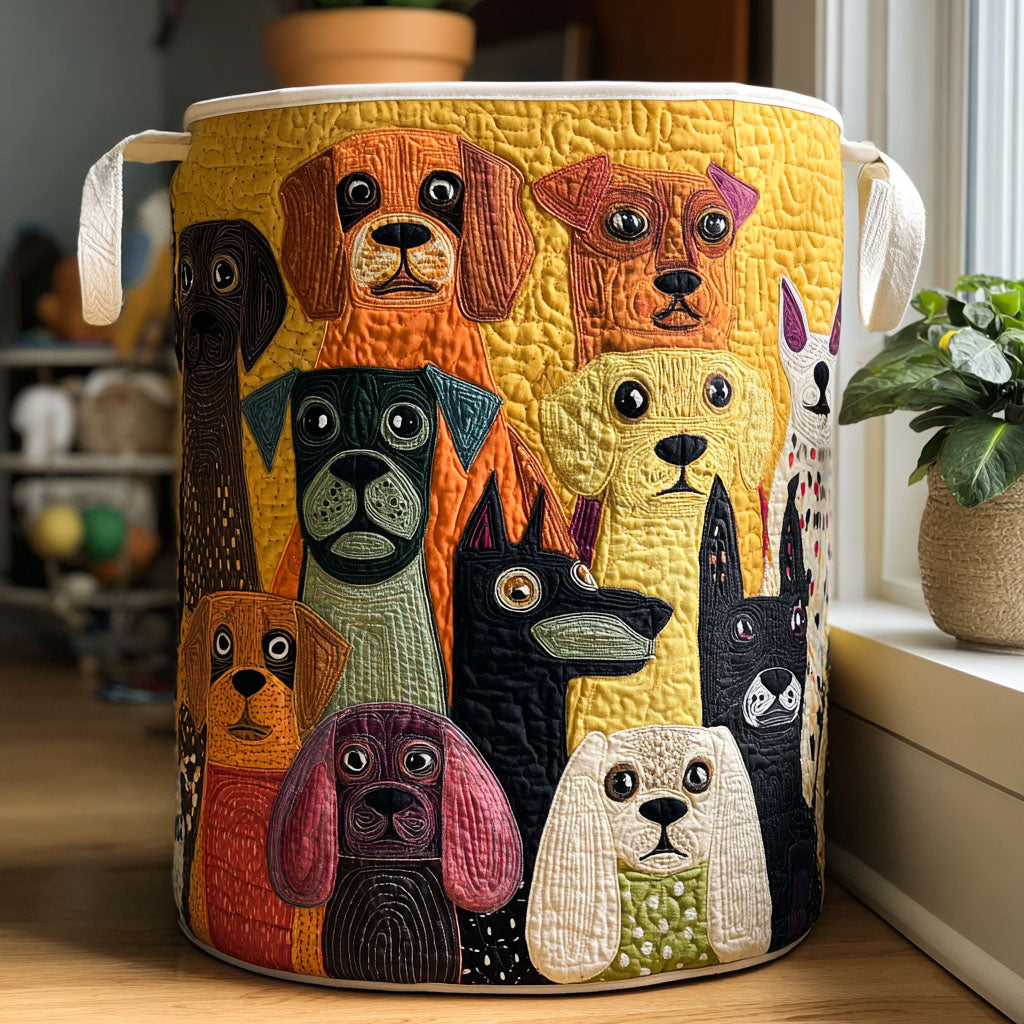 Quilted basket with dogs in the forest
