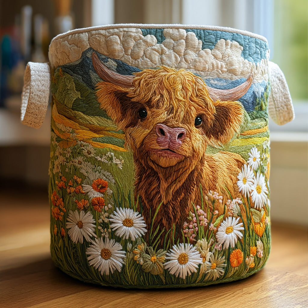 Padded basket with Highland cow surrounded by flowers