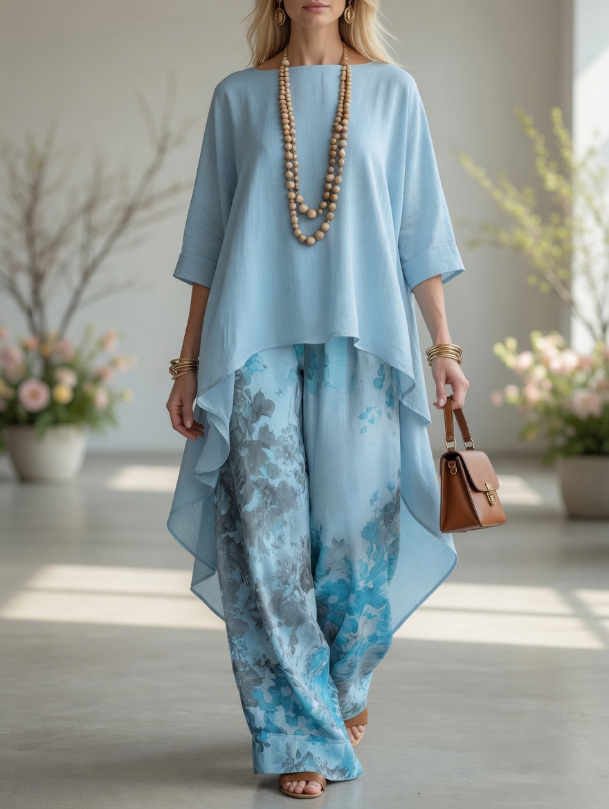 Venetia™ | Vintage Botanical High-Low Tunic & Wide-Leg Pants Set