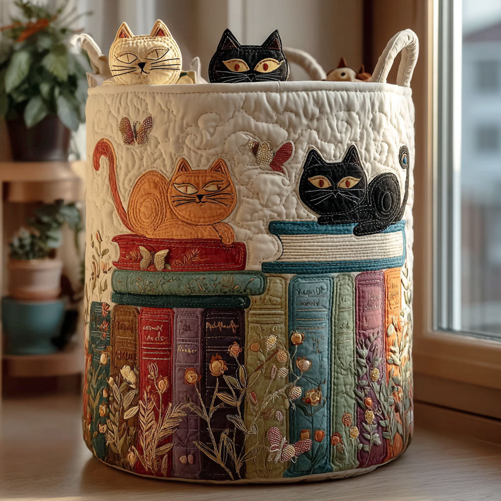 Padded basket with a parade of cats