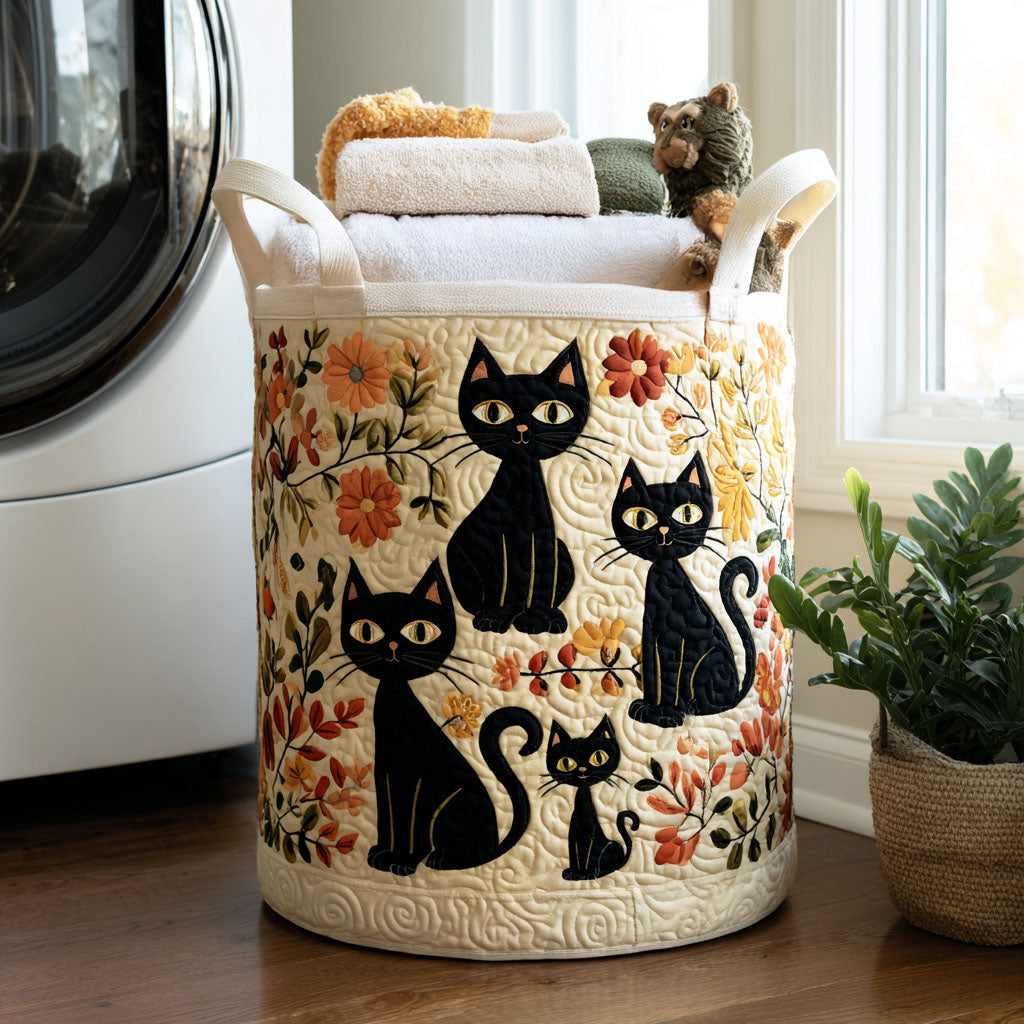 Padded basket with cats among flowers
