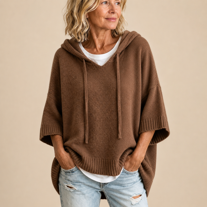 Brown Hooded Knit Poncho