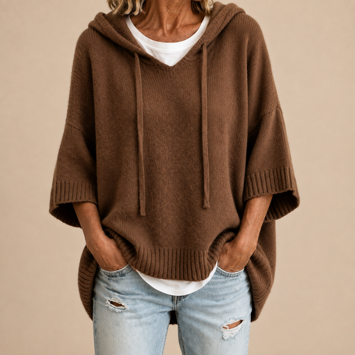 Brown Hooded Knit Poncho