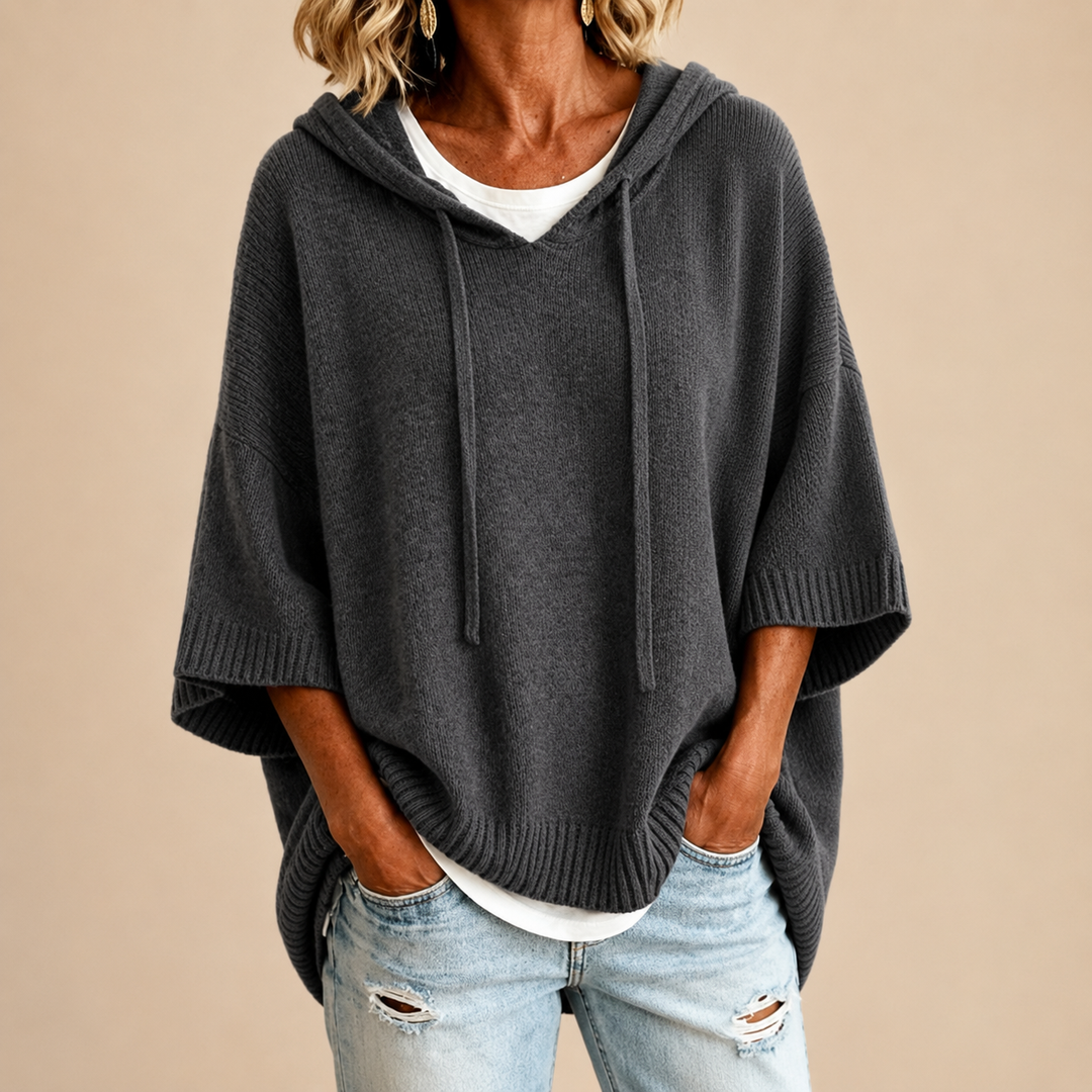 Gray Hooded Knit Poncho