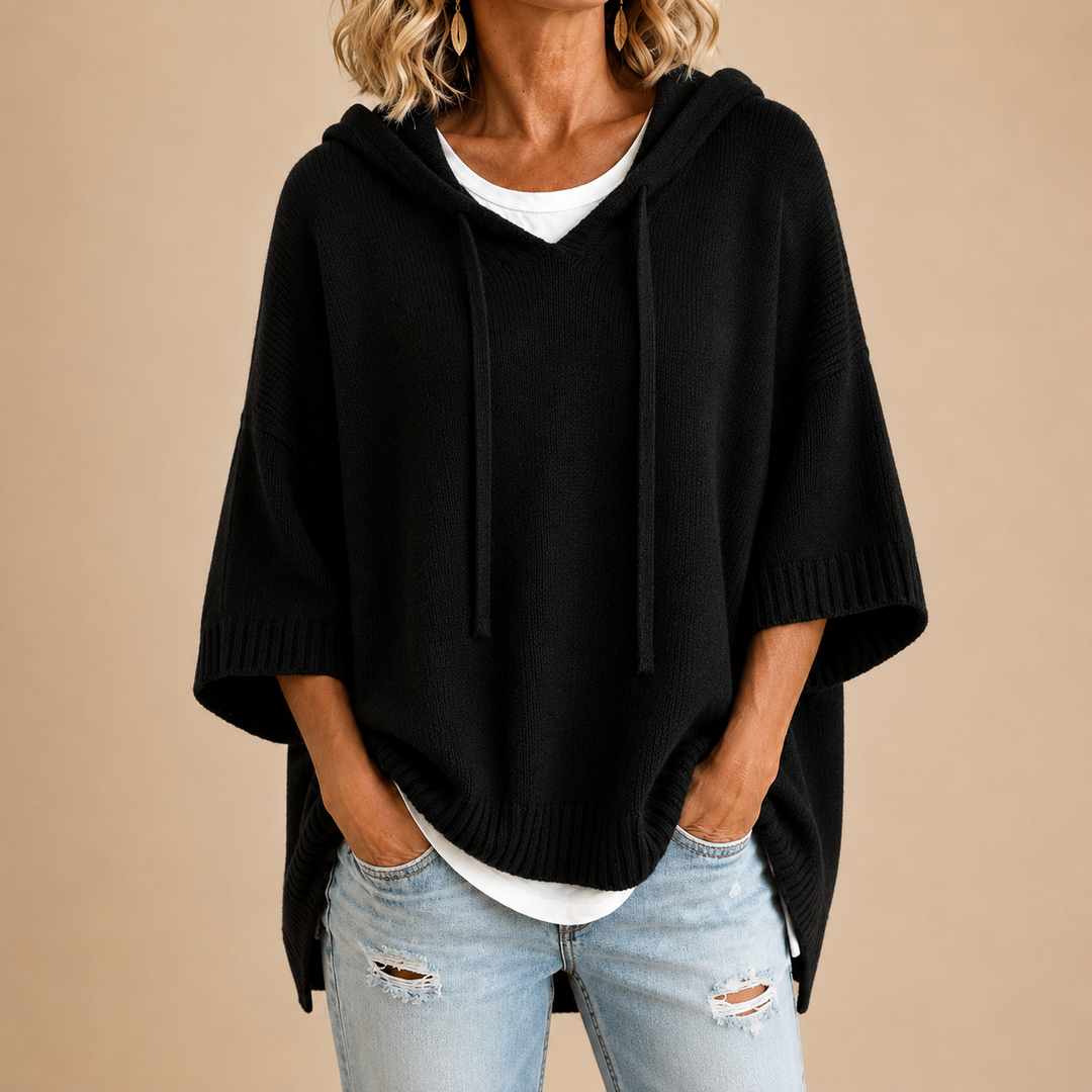 Hooded Knit Poncho in Black