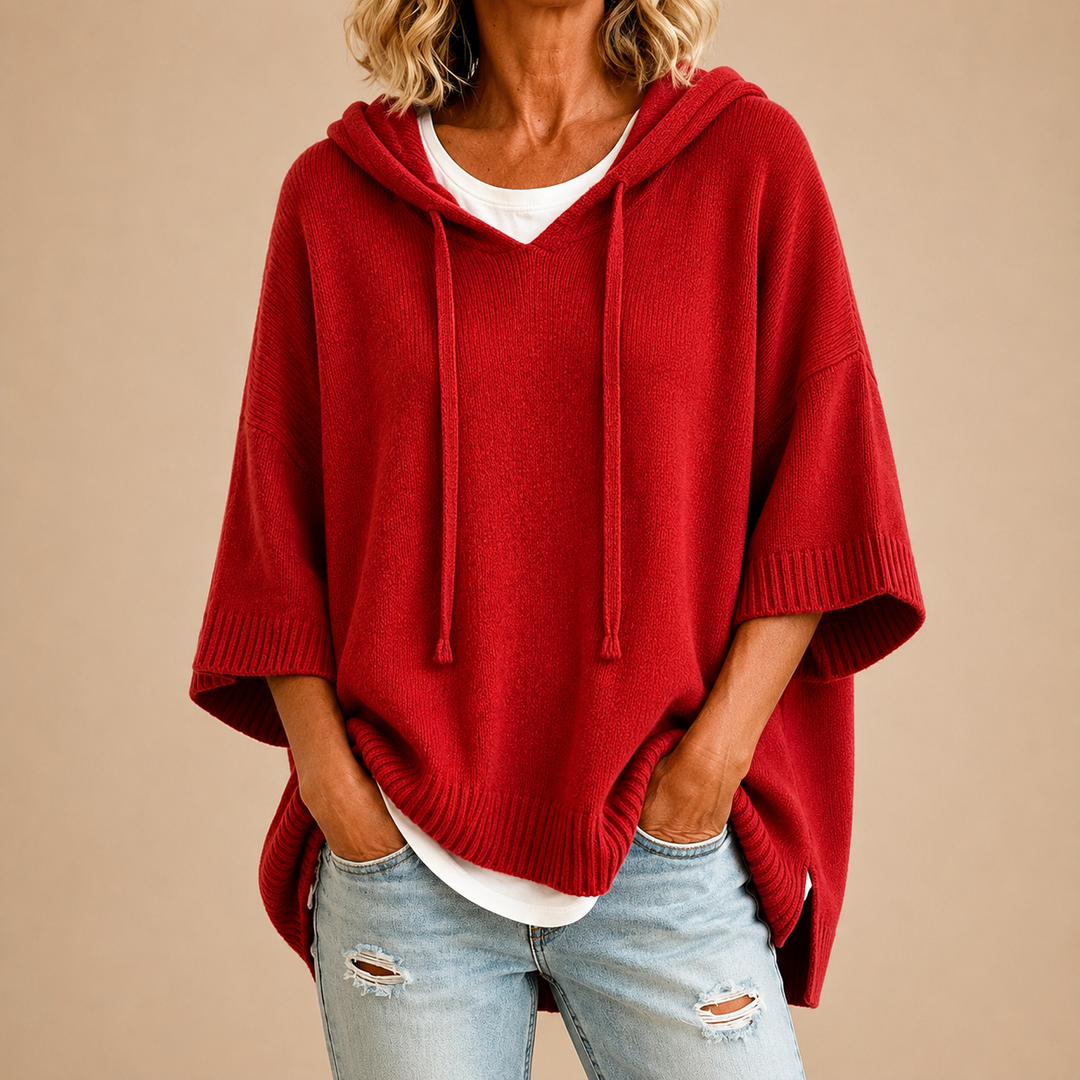 Red Hooded Knit Poncho