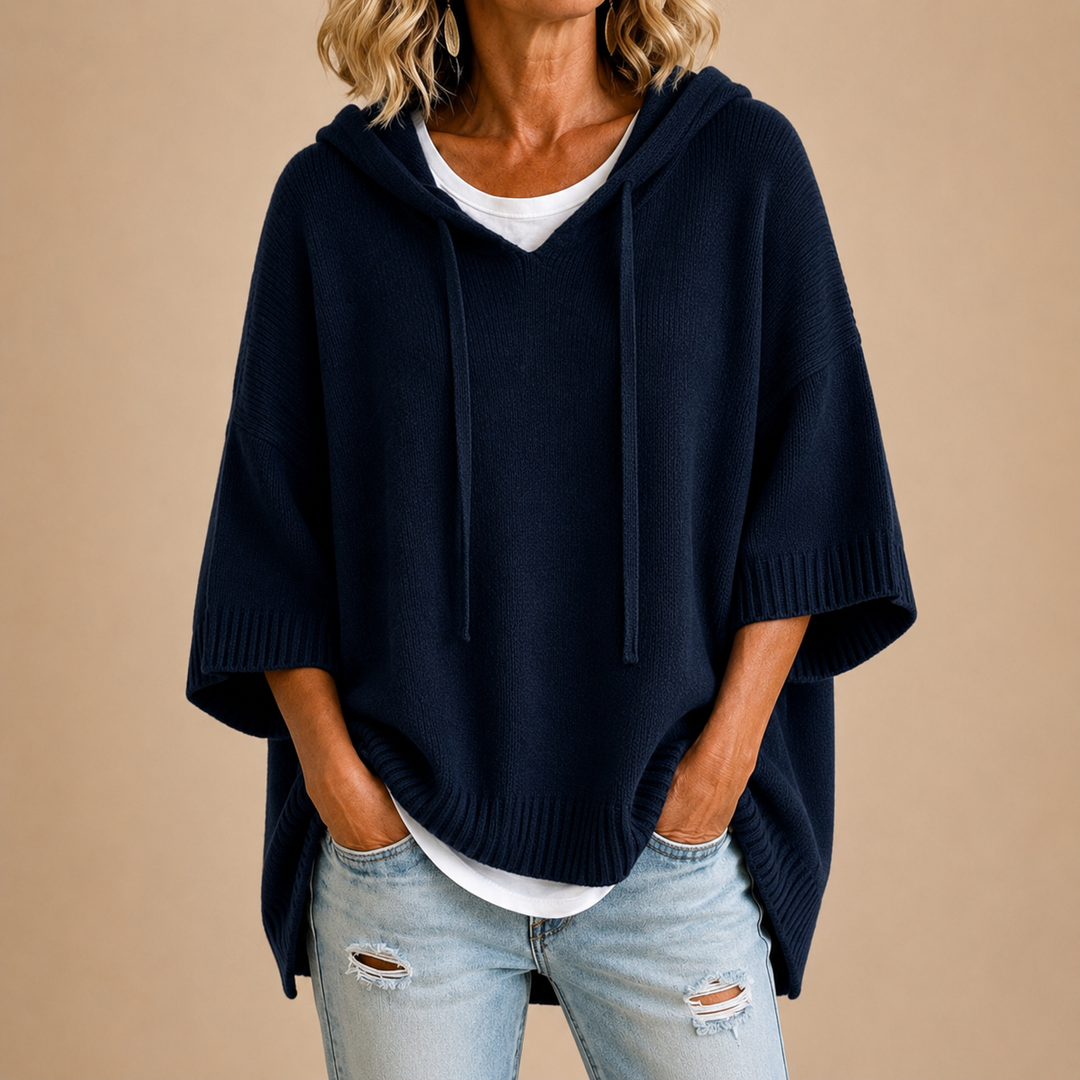 Hooded Knit Poncho in Navy Blue