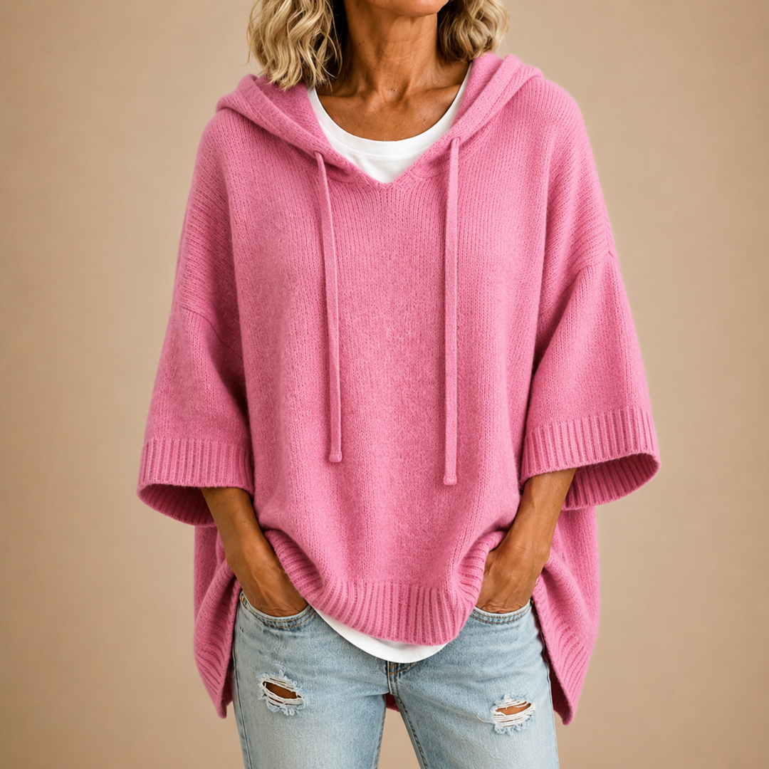 Hooded Knit Poncho in Pink