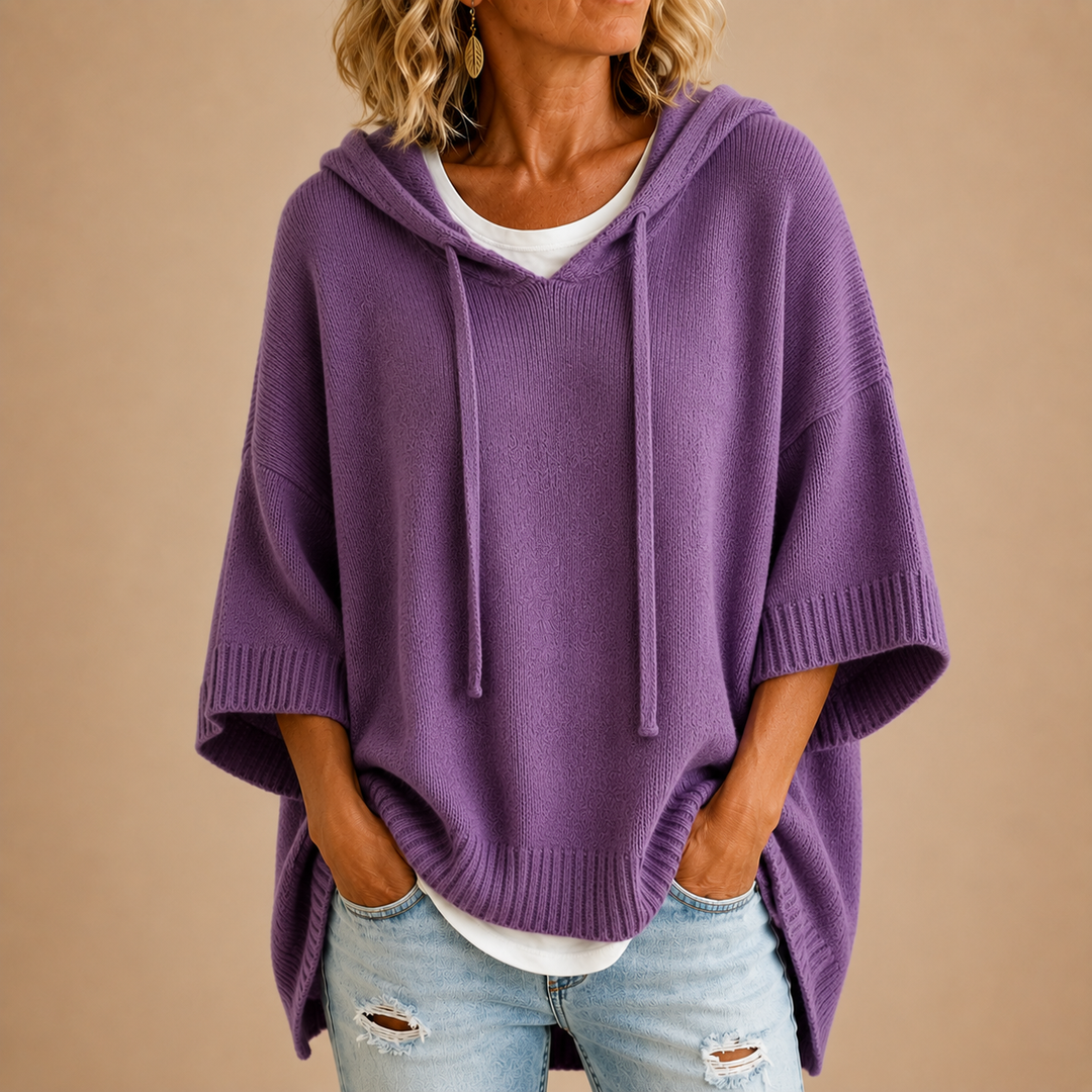 Purple Hooded Knit Poncho