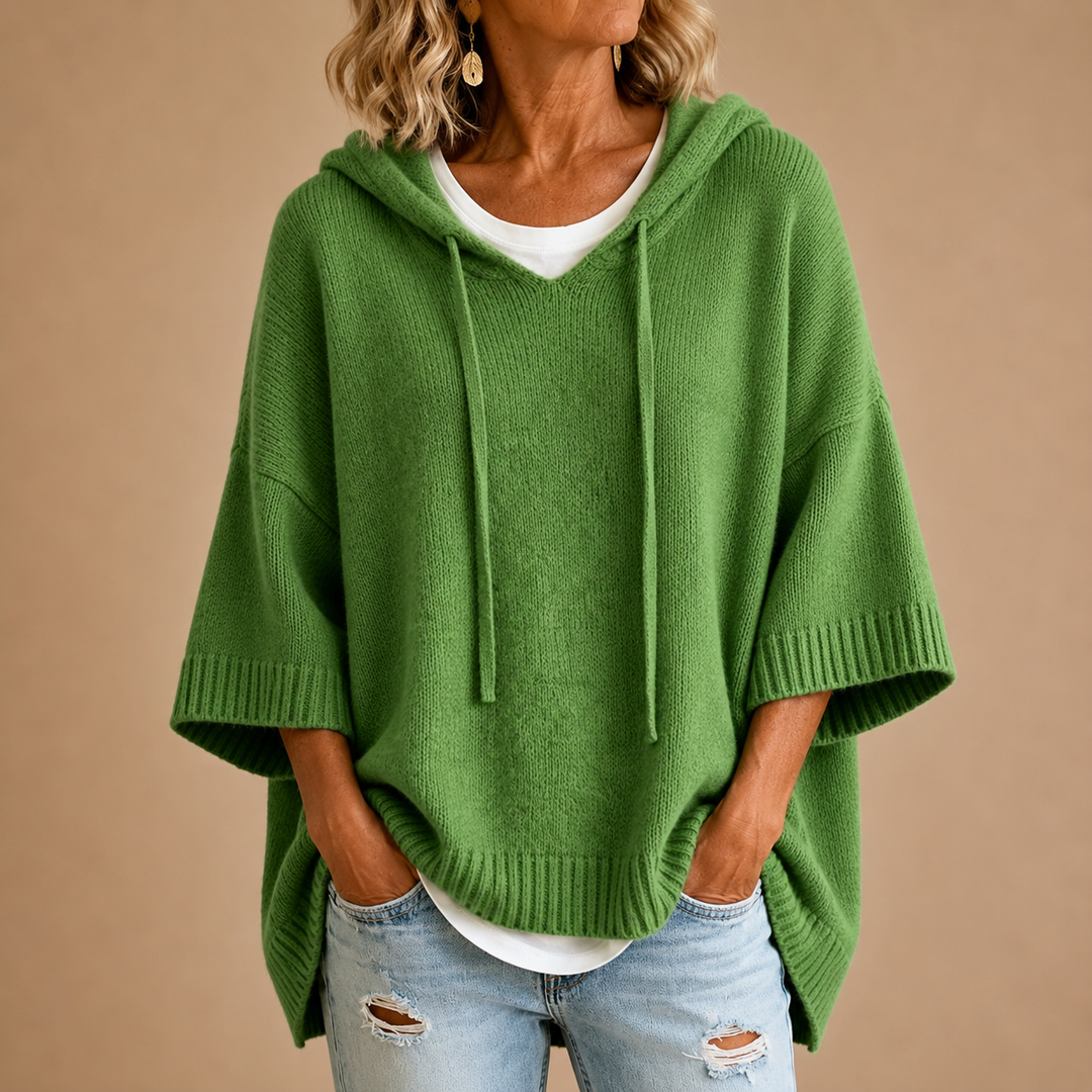 Hooded Knit Poncho in Green