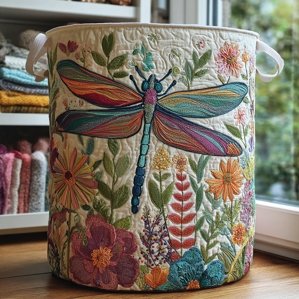 Quilted basket with dragonflies in the garden