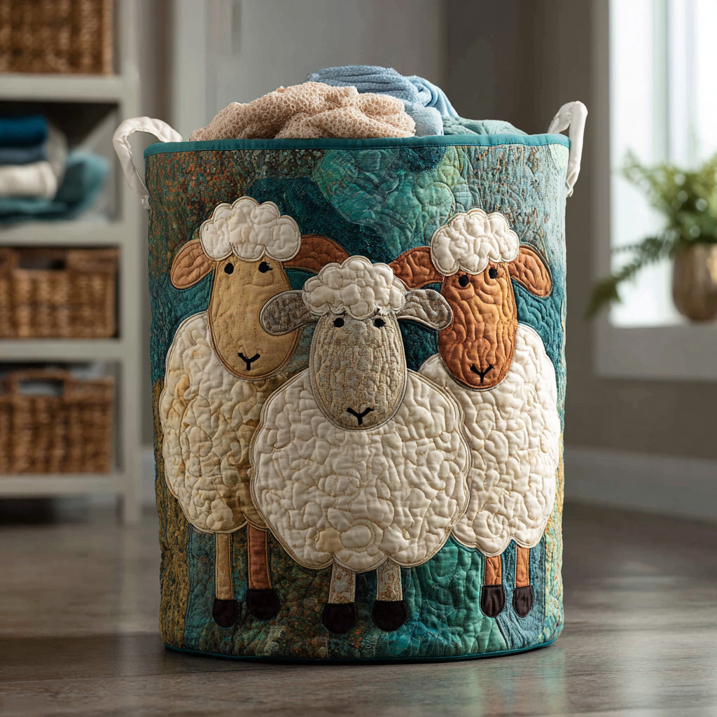 Quilted basket with fluffy sheep flock