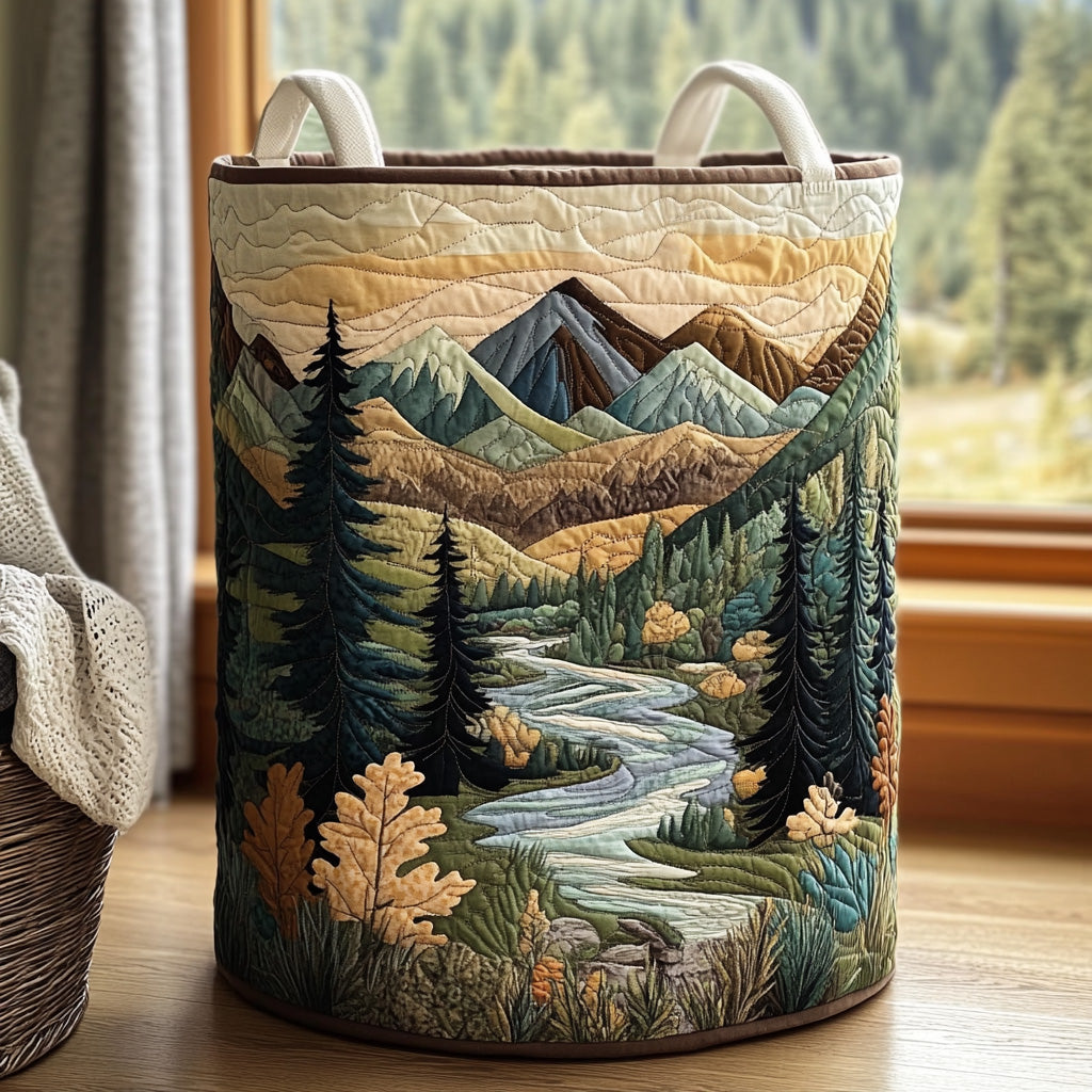 Quilted basket with stream among trees