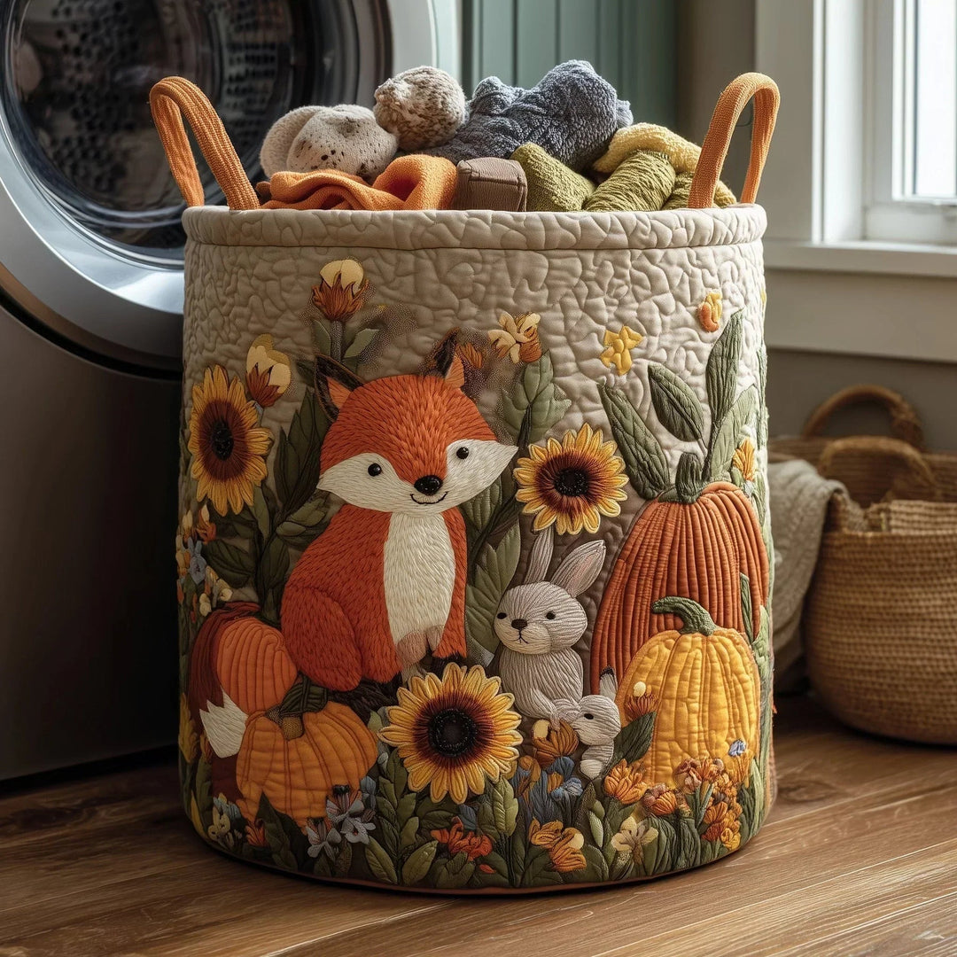 Quilted basket with fox, rabbits, and pumpkins