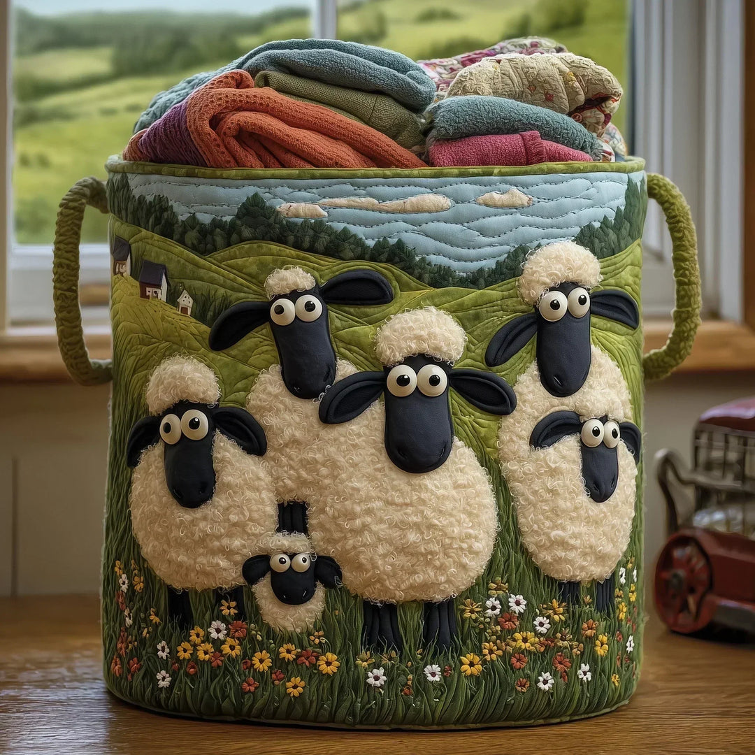 Quilted basket with a flock of sheep in the field