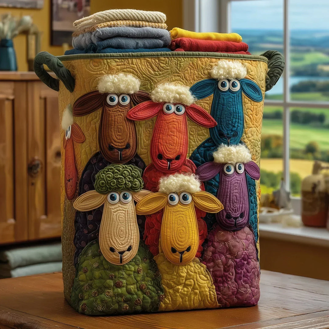 Quilted basket with sheep among hills