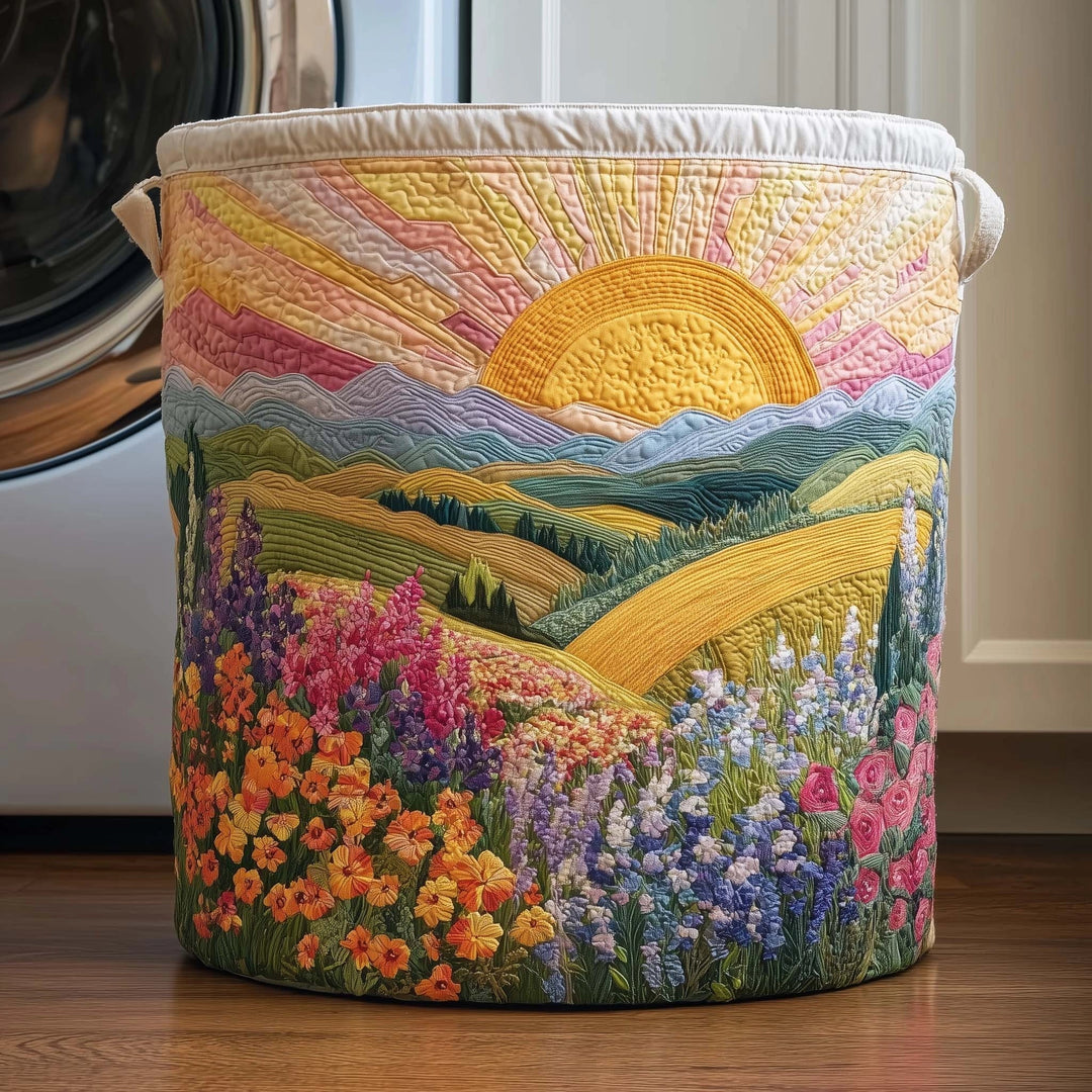 Quilted basket with sunrise over a flower-filled meadow