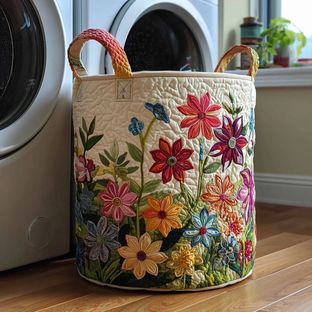 Quilted basket with a field of colorful flowers