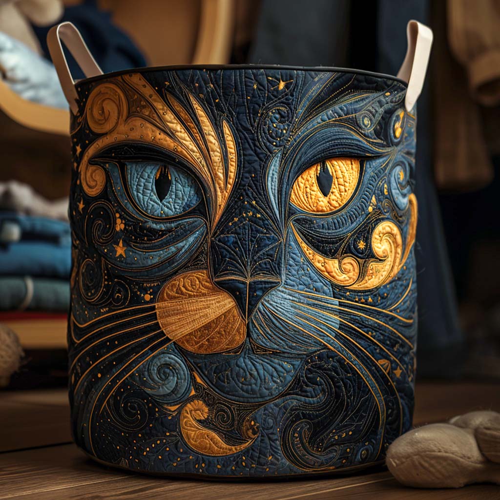Padded basket with a cat under a starry sky