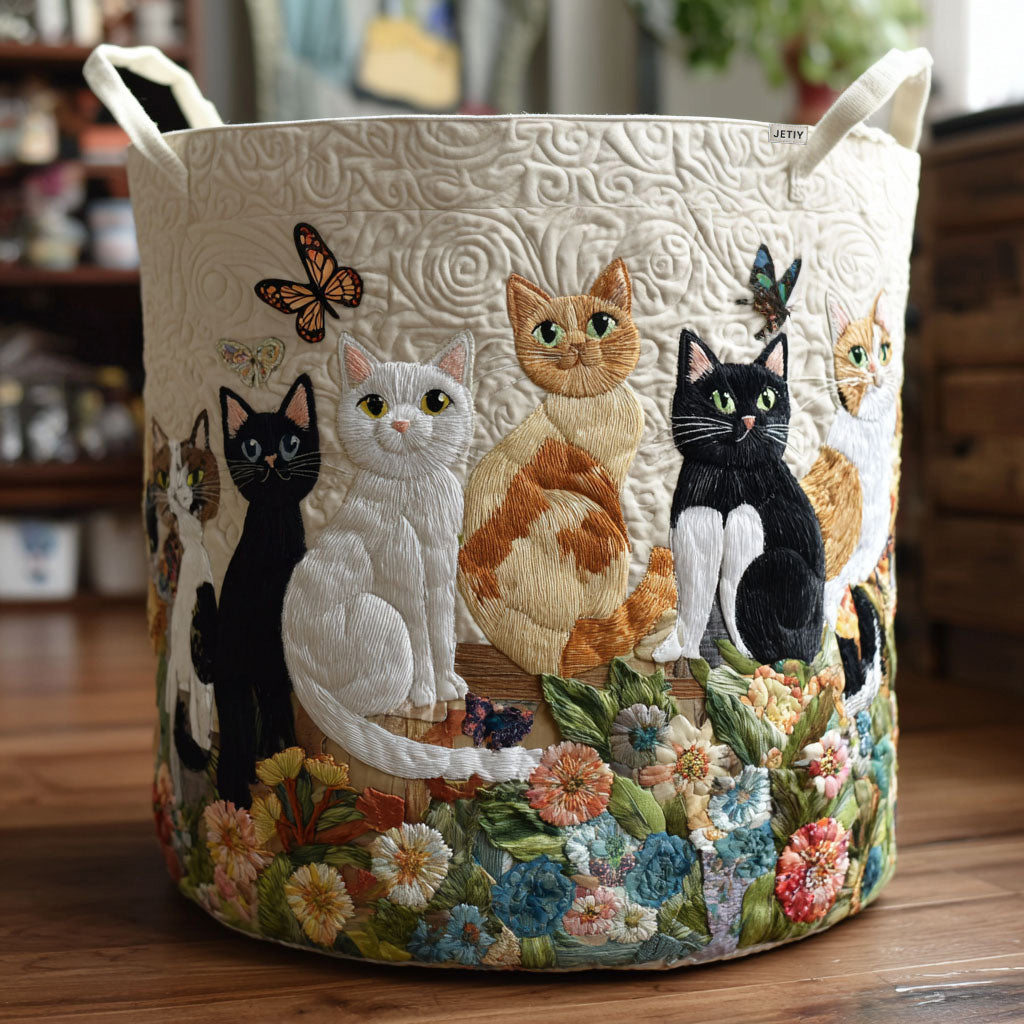 Padded basket with cats among garden flowers