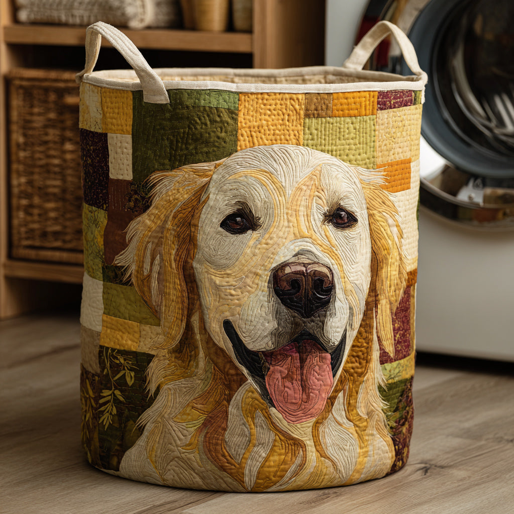 Quilted basket with smiling Golden Retriever