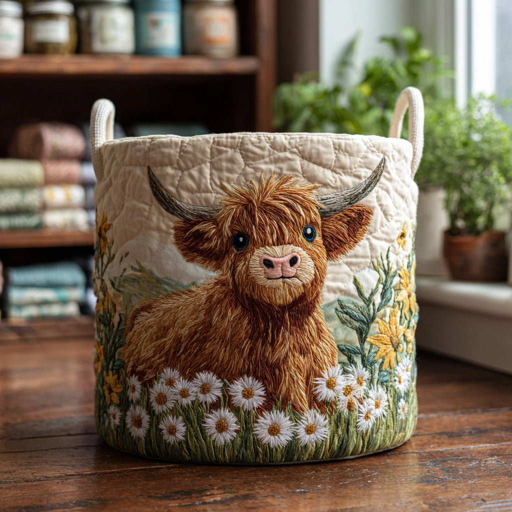 Padded basket with Highland cow among flowers
