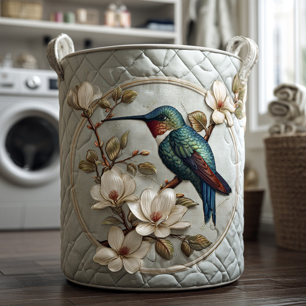 Quilted basket with hummingbird and floral lace