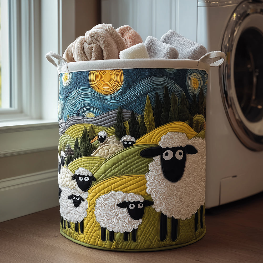Quilted basket with lambs in the meadow