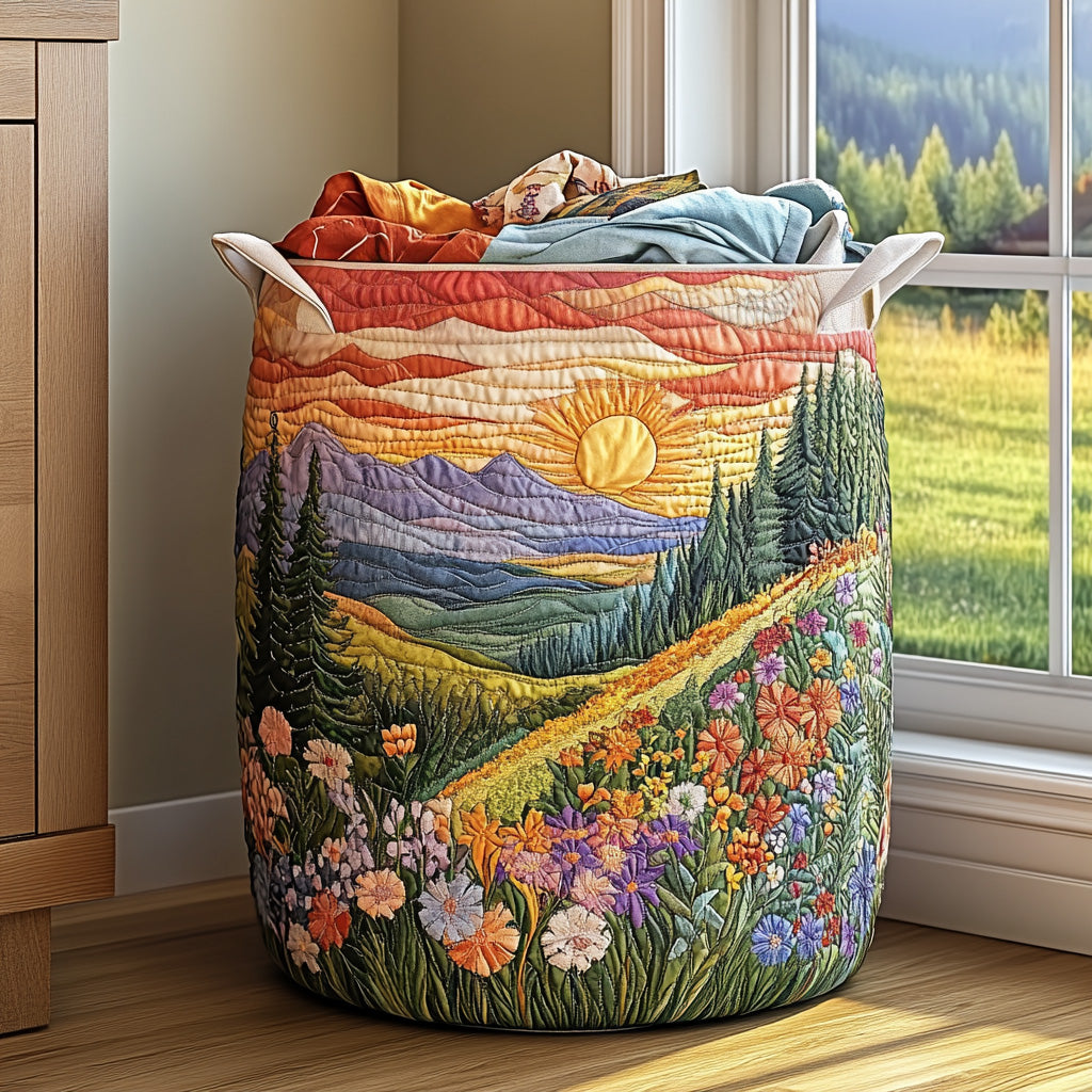 Quilted basket with sunrise among mountains and flowers