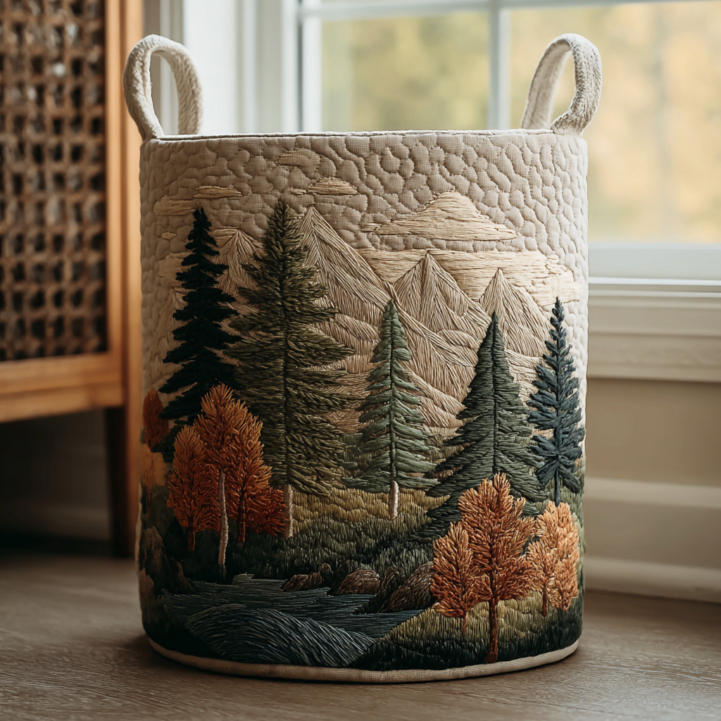 Quilted basket with mountains and forest