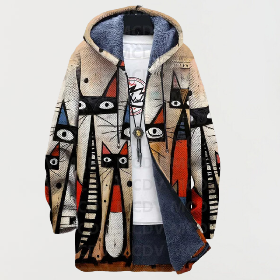 Ellis | Coat with Abstract Pattern and Cat