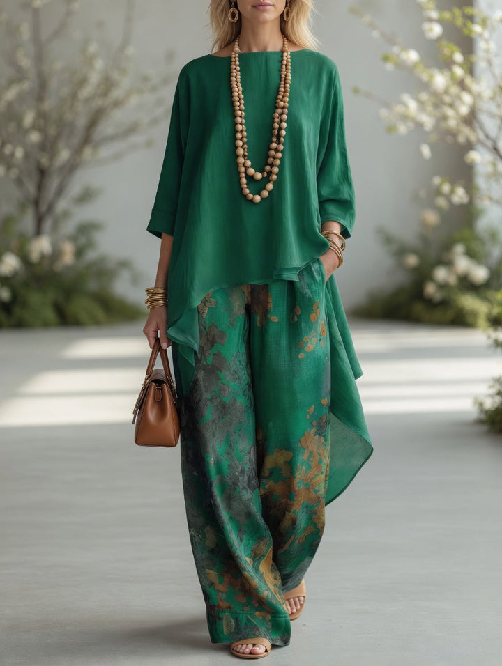 Venetia™ | Vintage Botanical High-Low Tunic & Wide-Leg Pants Set