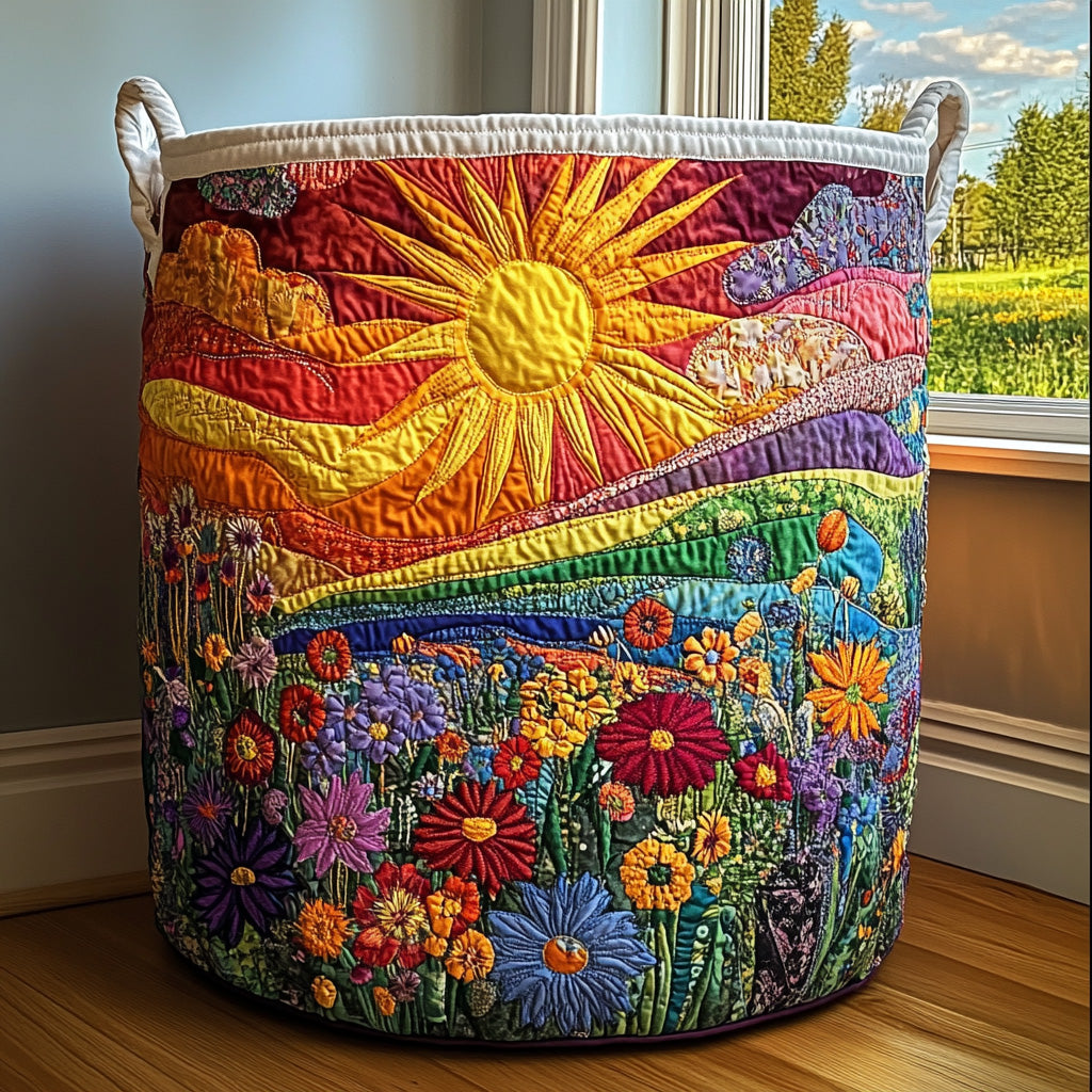 Quilted basket with sun over hills and flowers