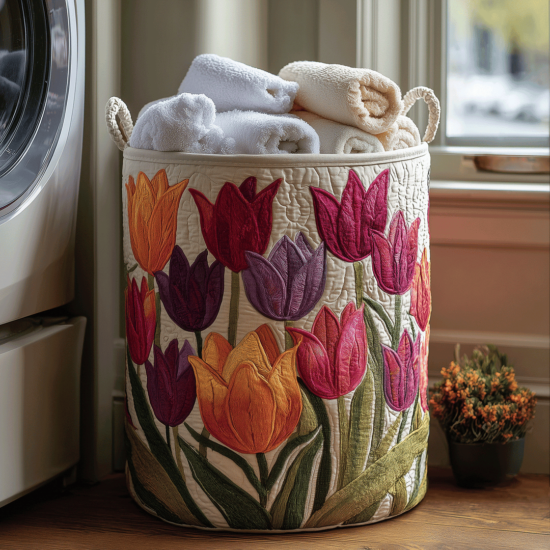 Quilted basket with blooming tulips