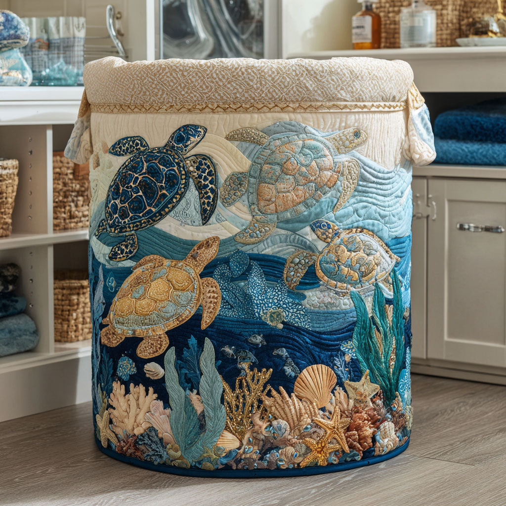 Quilted basket with sea turtles and shells